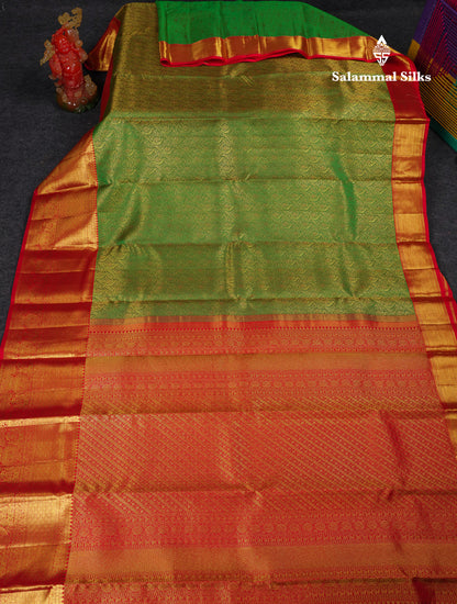 Beautiful Dual Tone Green Bridal Pure Kanjivaram Silk Saree With Contrast Chilly Red Traditional Evening Morning Border