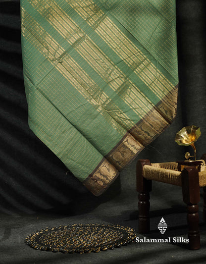 Beautiful Grey Traditional Checks Chettinad Pure Cotton Saree With Dark Brown Border