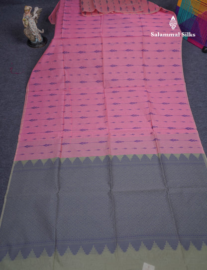 Light Pink Beautiful Fancy Kora Cotton Saree With Contrast Green Shade Blouse