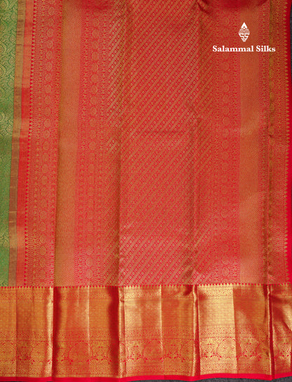 Beautiful Dual Tone Green Bridal Pure Kanjivaram Silk Saree With Contrast Chilly Red Traditional Evening Morning Border