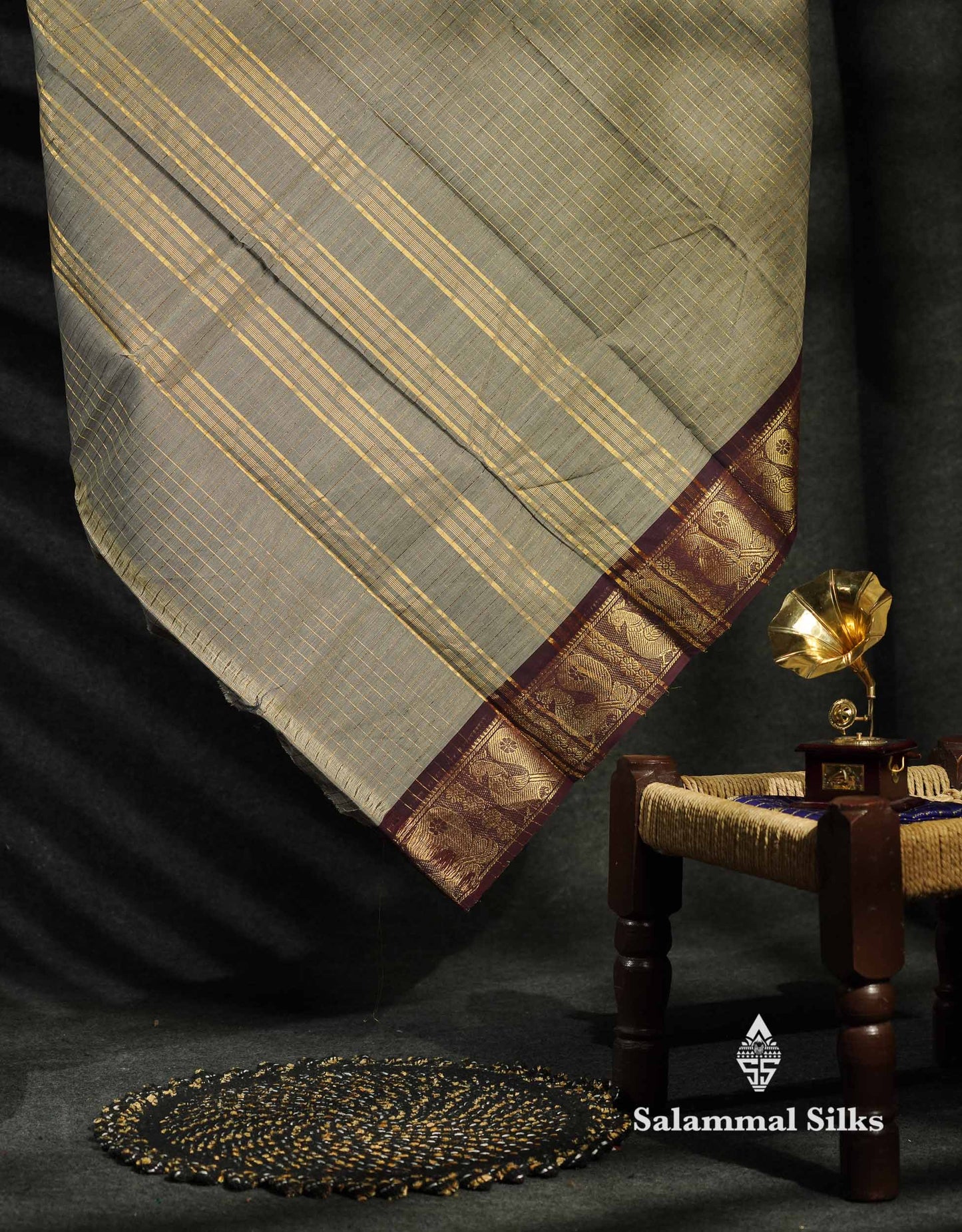 Beautiful Grey Traditional Checks Chettinad Pure Cotton Saree With Dark Brown Border