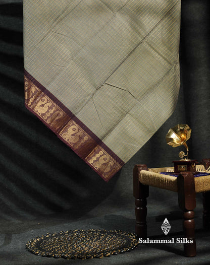 Beautiful Grey Traditional Checks Chettinad Pure Cotton Saree With Dark Brown Border