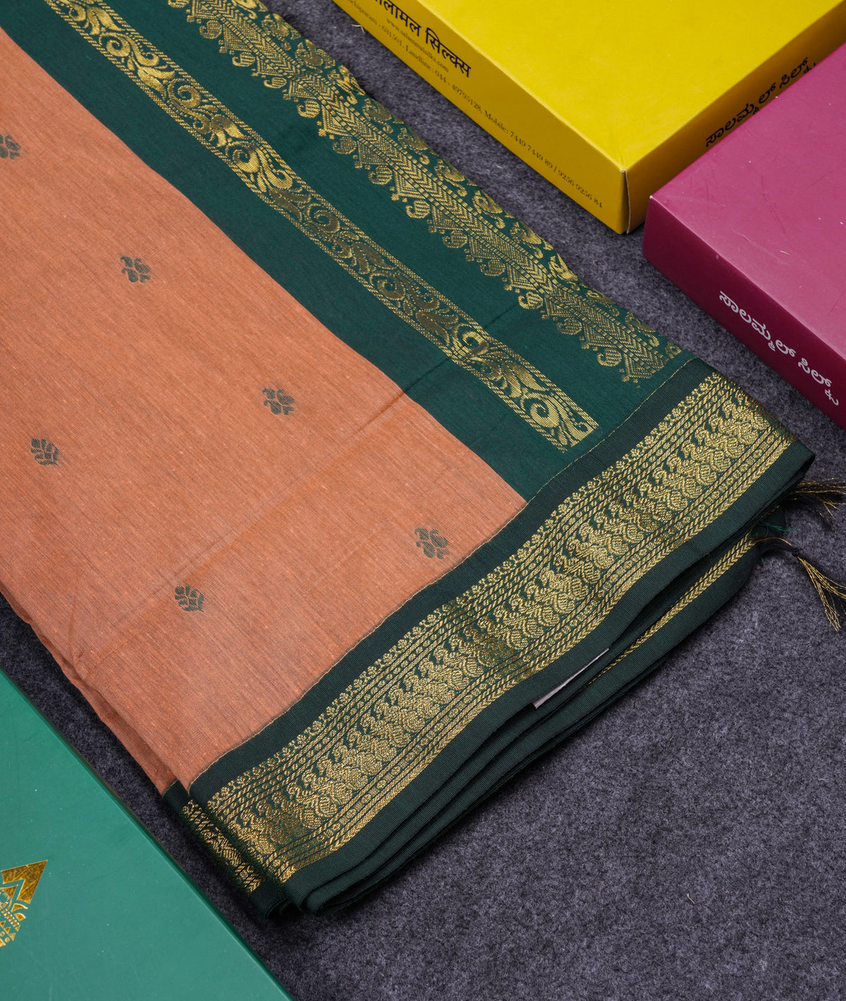 Beautiful Sandal Kalyani Cotton Saree With Contrast Bottle Green Blouse