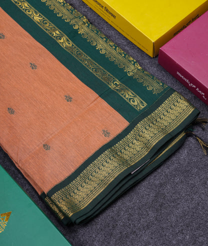 Beautiful Sandal Kalyani Cotton Saree With Contrast Bottle Green Blouse