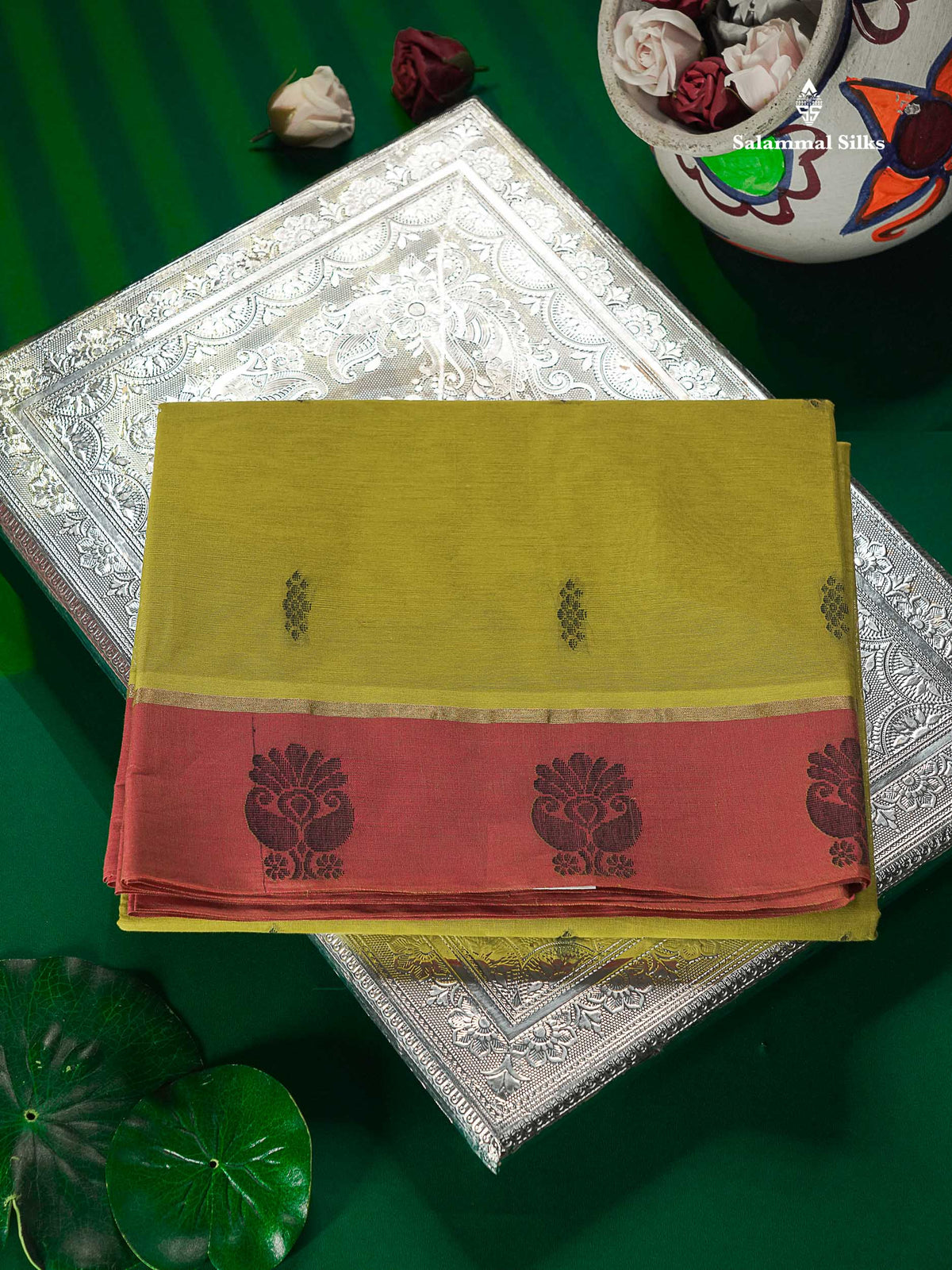 Pure Cotton Saree - Green Colour Body Thread Butta With Contrast Pink Border