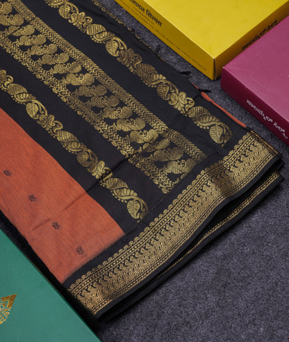 Beautiful Chocolate Kalyani Cotton Saree With Contrast Black Blouse