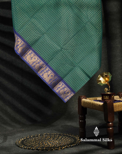 Beautiful Grey Traditional Checks Chettinad Pure Cotton Saree With Dark Brown Border
