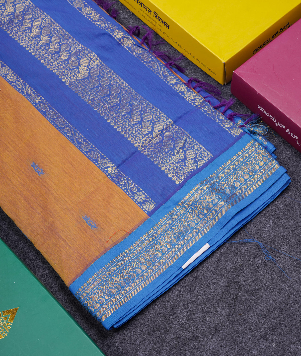 Beautiful Dark Sandal Kalyani Cotton Saree With Contrast Blue Blouse