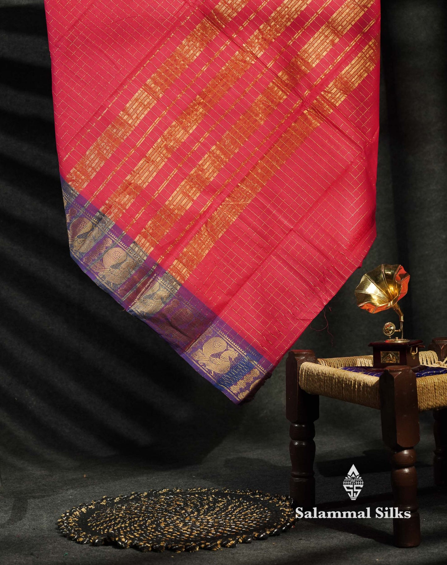 Beautiful Grey Traditional Checks Chettinad Pure Cotton Saree With Dark Brown Border
