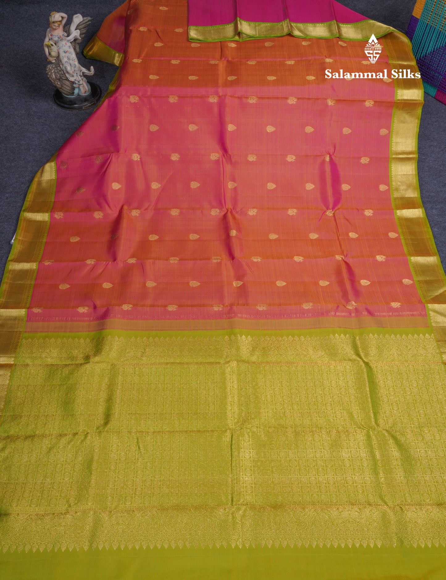 Dual Tone Pinkish Yellow Pure Kanjivaram Silk Saree With Traditional Parrot Green Small Border