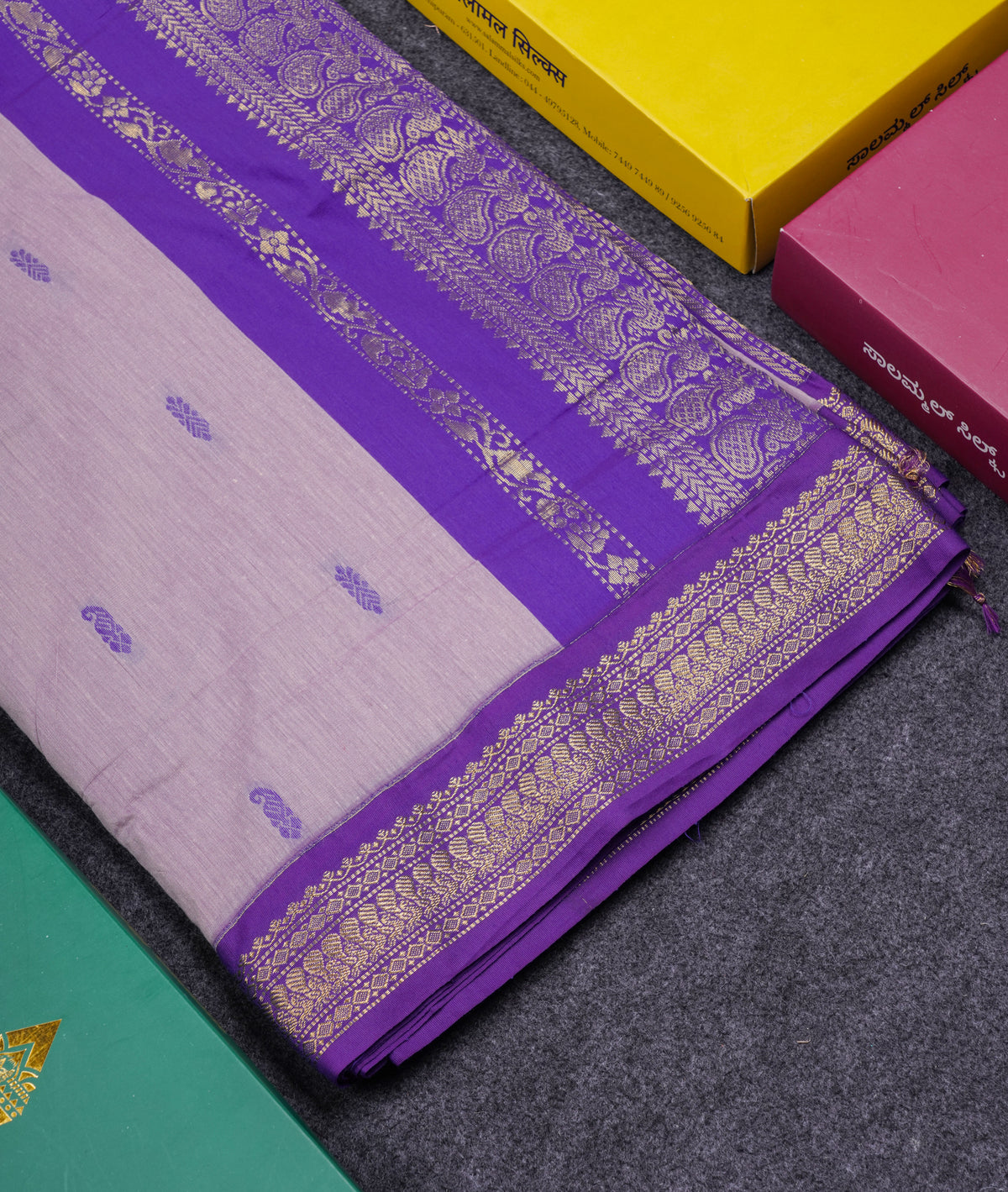 Beautiful Light Lavender Kalyani Cotton Saree With Contrast Violet Blouse