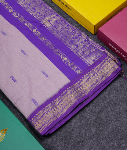 Beautiful Light Lavender Kalyani Cotton Saree With Contrast Violet Blouse