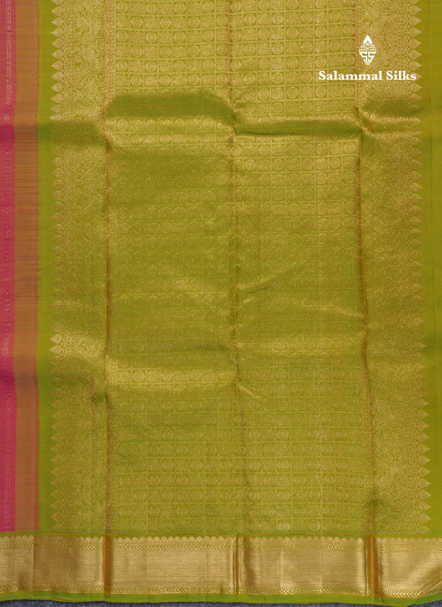 Dual Tone Pinkish Yellow Pure Kanjivaram Silk Saree With Traditional Parrot Green Small Border