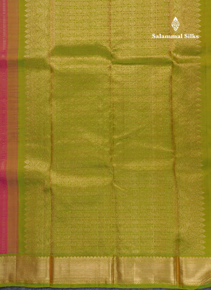 Dual Tone Pinkish Yellow Pure Kanjivaram Silk Saree With Traditional Parrot Green Small Border