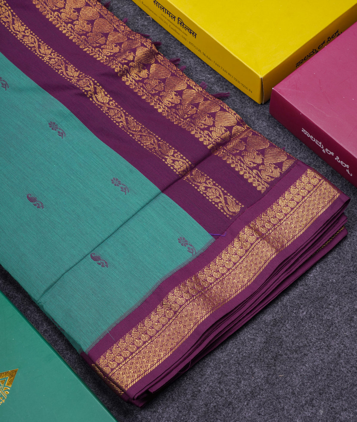 Beautiful Sapphire Green Kalyani Cotton Saree With Contrast Dark Purple Blouse
