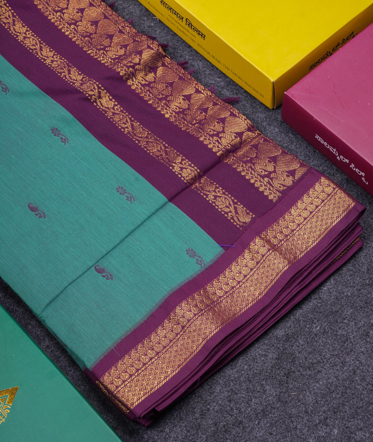 Beautiful Sapphire Green Kalyani Cotton Saree With Contrast Dark Purple Blouse