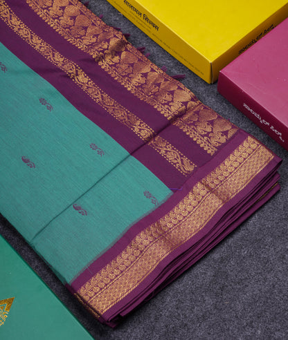 Beautiful Sapphire Green Kalyani Cotton Saree With Contrast Dark Purple Blouse
