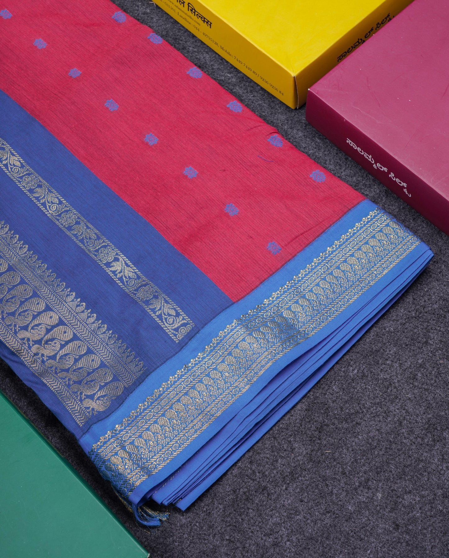 Beautiful Dual Tone Maroon Kalyani Cotton Saree With Contrast Blue Blouse