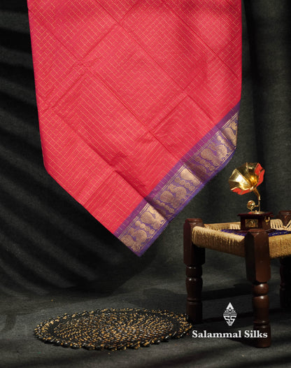 Beautiful Grey Traditional Checks Chettinad Pure Cotton Saree With Dark Brown Border