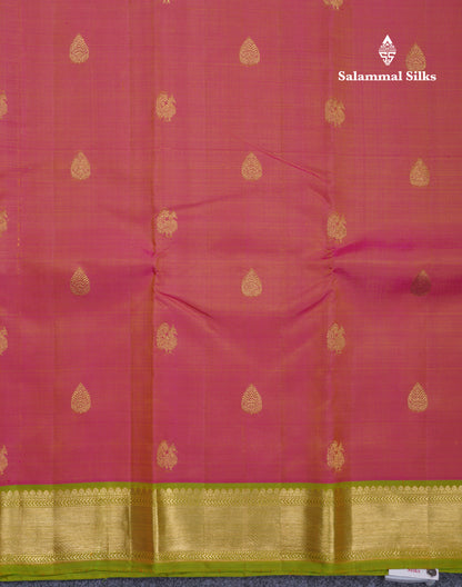 Dual Tone Pinkish Yellow Pure Kanjivaram Silk Saree With Traditional Parrot Green Small Border