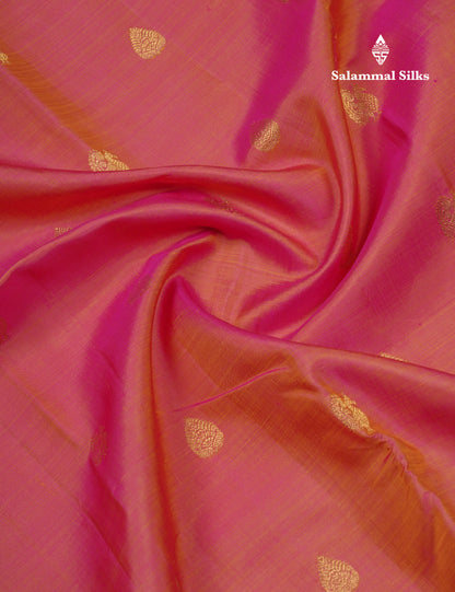 Dual Tone Pinkish Yellow Pure Kanjivaram Silk Saree With Traditional Parrot Green Small Border