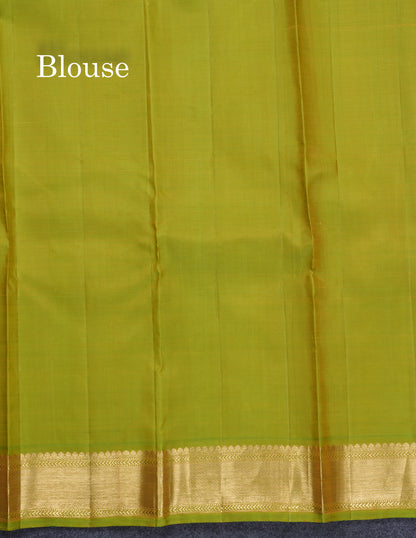 Dual Tone Pinkish Yellow Pure Kanjivaram Silk Saree With Traditional Parrot Green Small Border