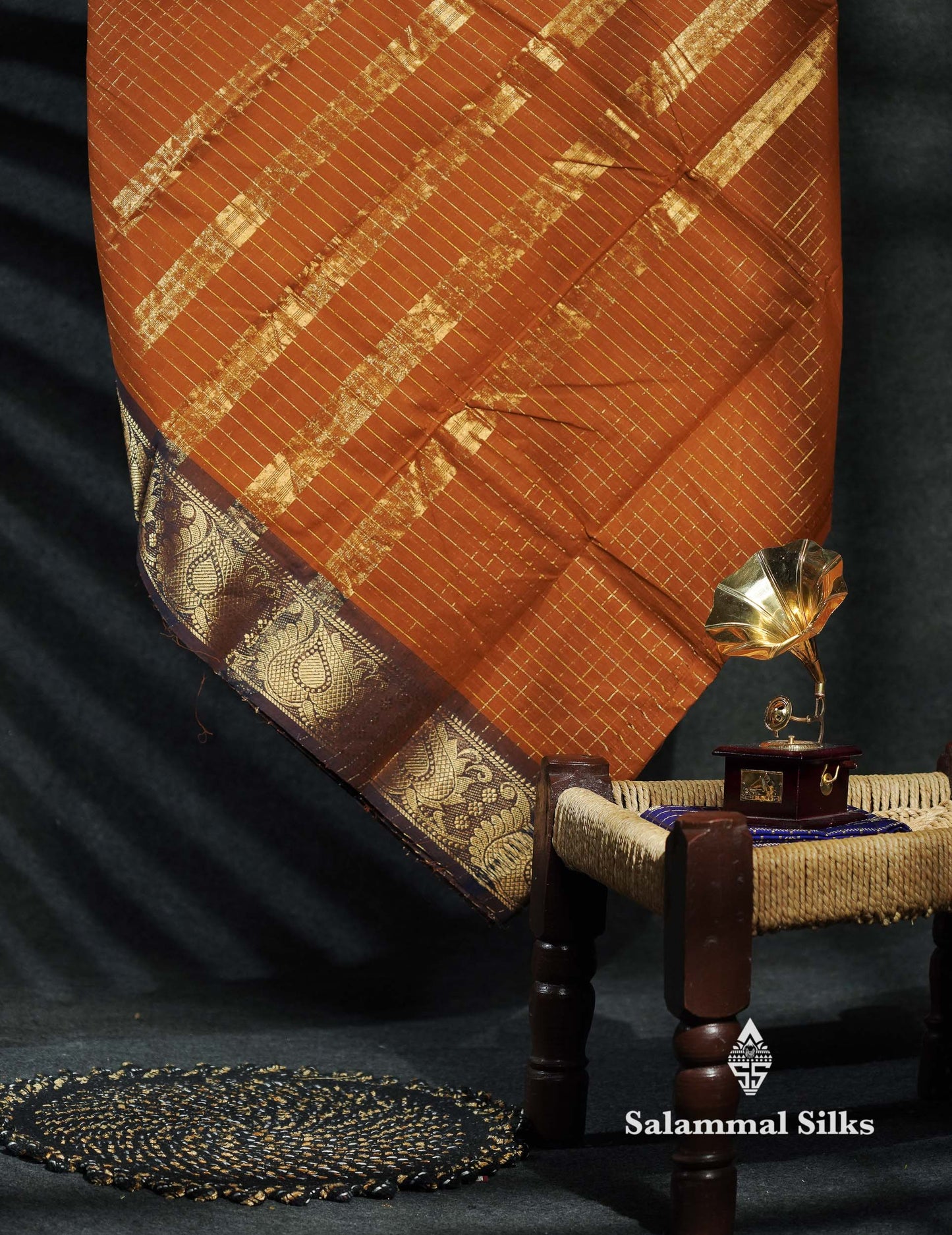 Beautiful Grey Traditional Checks Chettinad Pure Cotton Saree With Dark Brown Border