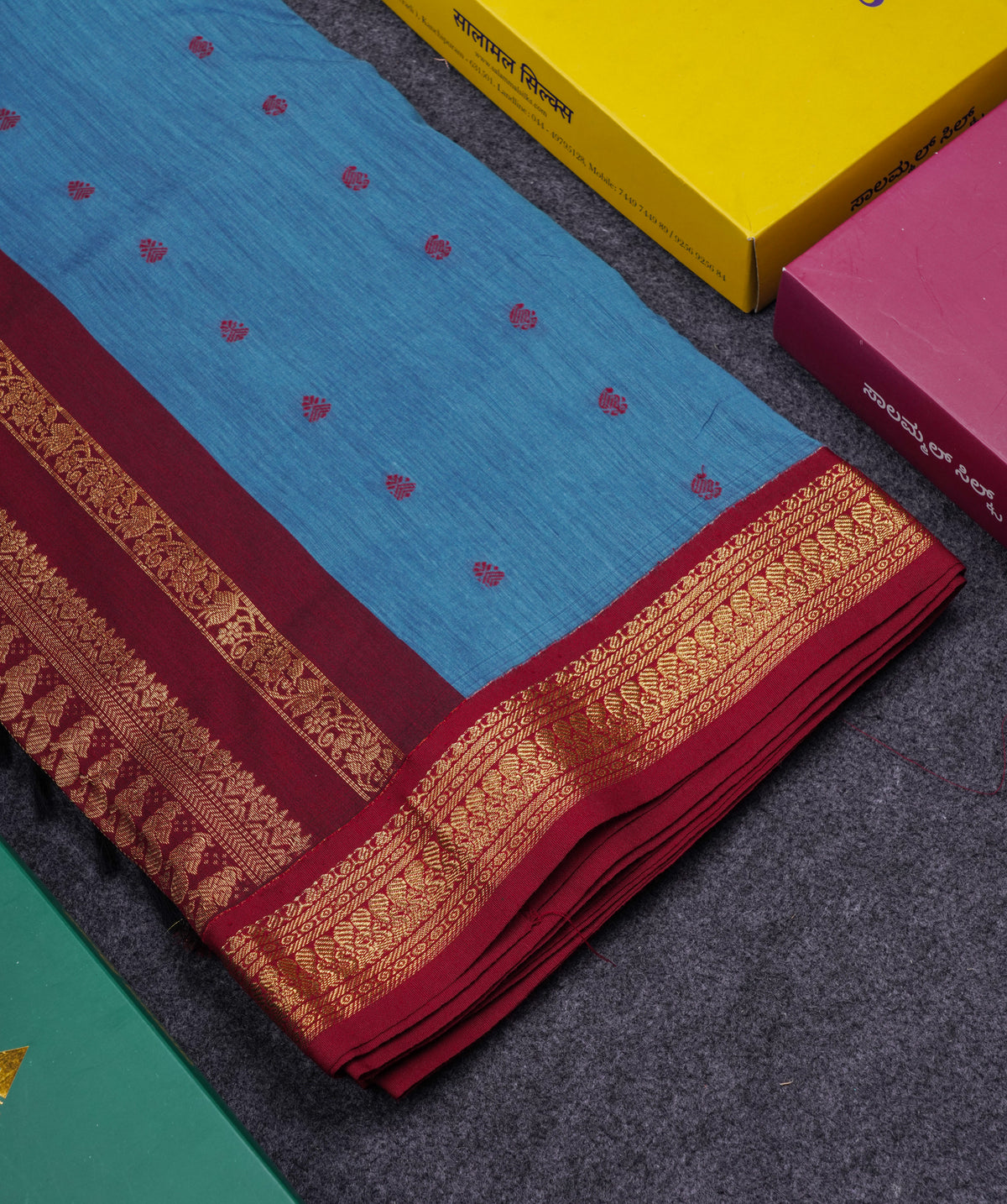 Beautiful Blue Kalyani Cotton Saree With Contrast Dark Maroon Blouse