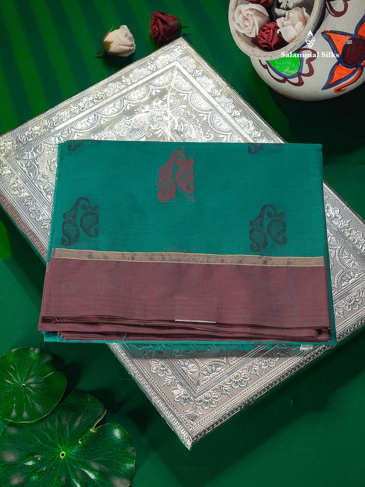 Pure Cotton Saree - Teal Blue Colour Body Thread Work Butta With Dual Tone Maroon Plain Border