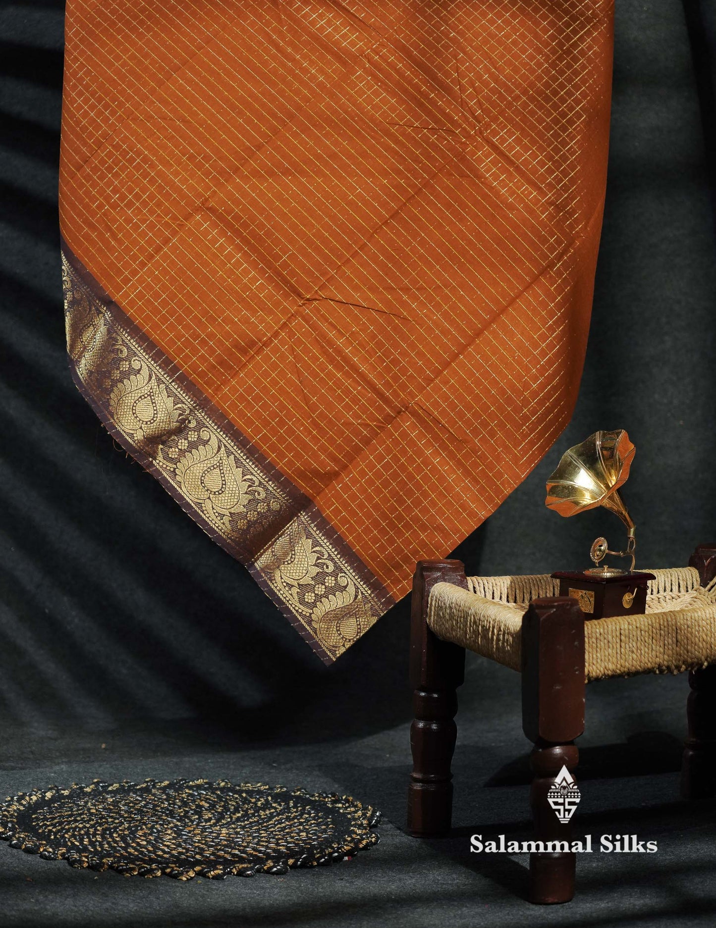 Beautiful Grey Traditional Checks Chettinad Pure Cotton Saree With Dark Brown Border