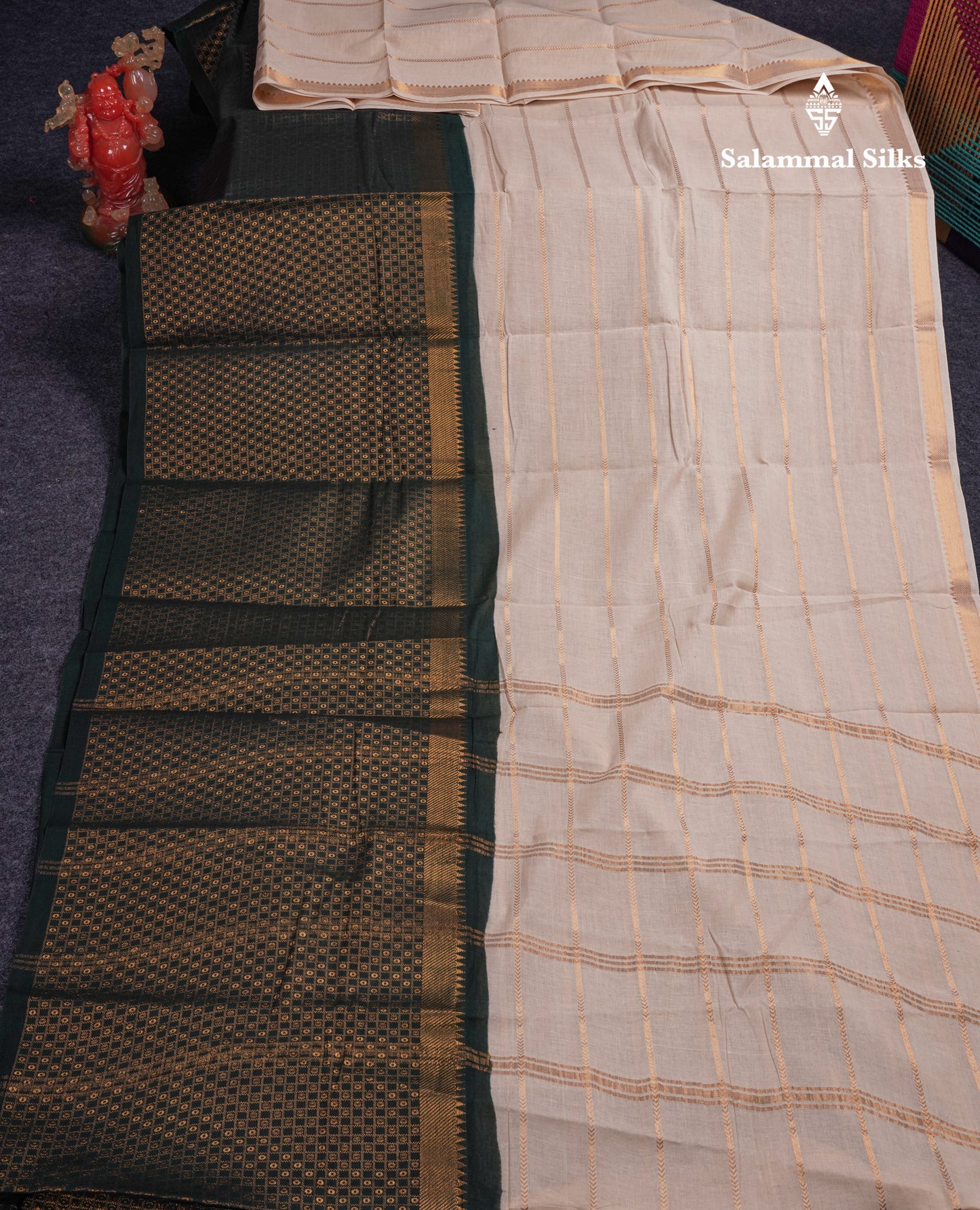 Beautiful Black Sungudi Cotton Saree With Contrast Peach Traditional Long Border