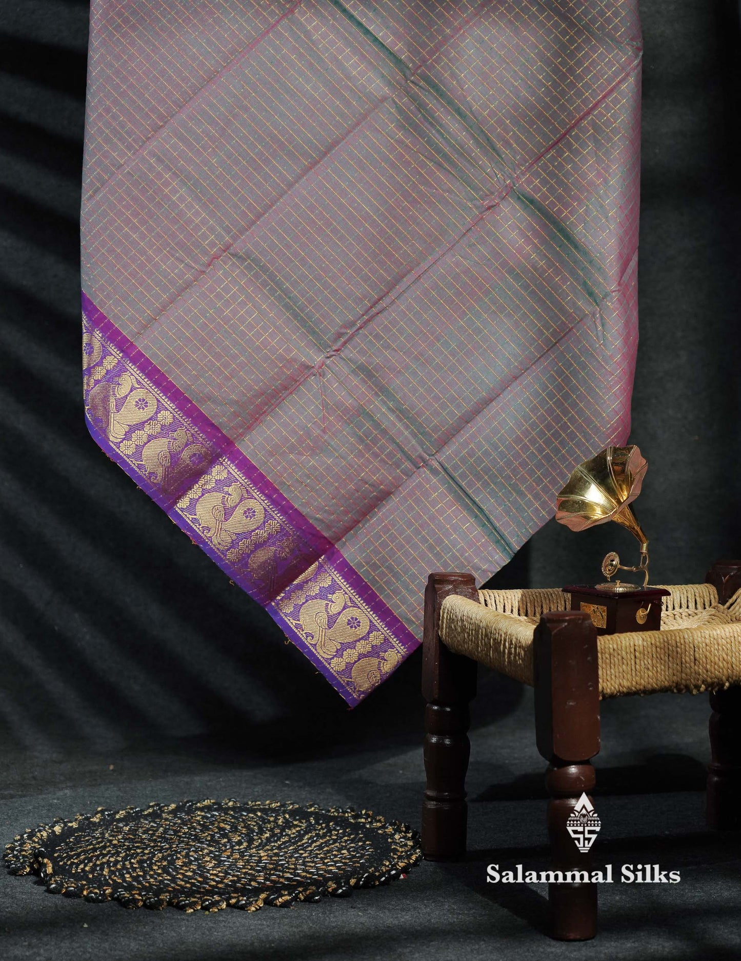 Beautiful Peacock Blue Traditional Checks Chettinad Pure Cotton Saree With Ramar Blue Border