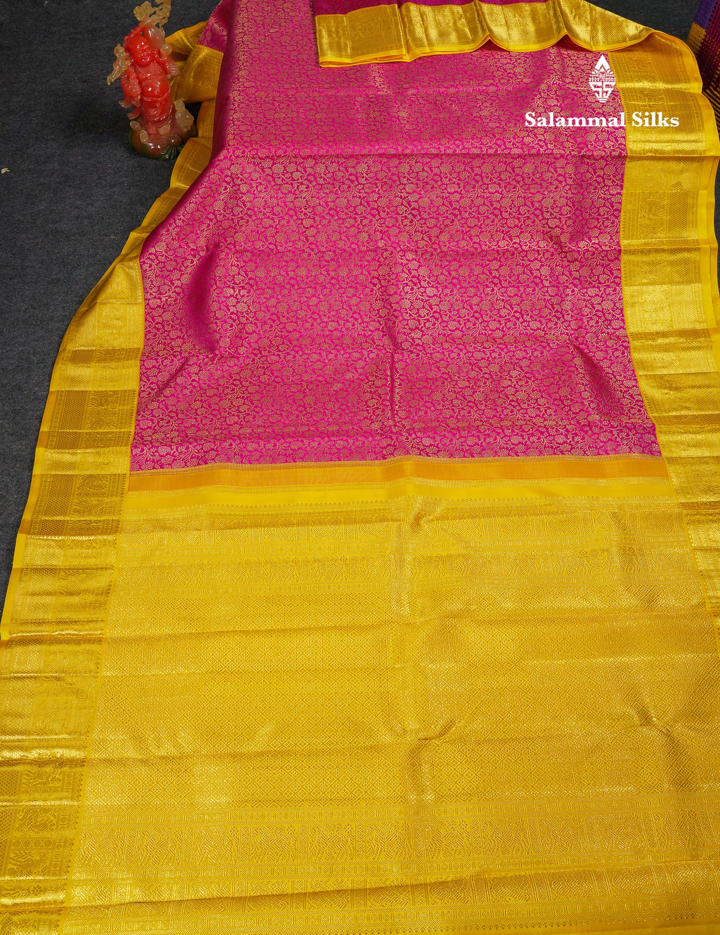 Beautiful Korvai Magenta Pink Bridal 2G Pure Kanjivaram Silk Saree With Contrast Yellow Traditional Border