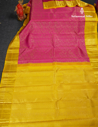 Beautiful Korvai Magenta Pink Bridal 2G Pure Kanjivaram Silk Saree With Contrast Yellow Traditional Border
