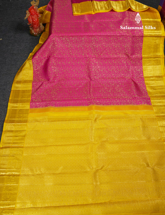 Beautiful Korvai Magenta Pink Bridal 2G Pure Kanjivaram Silk Saree With Contrast Yellow Traditional Border