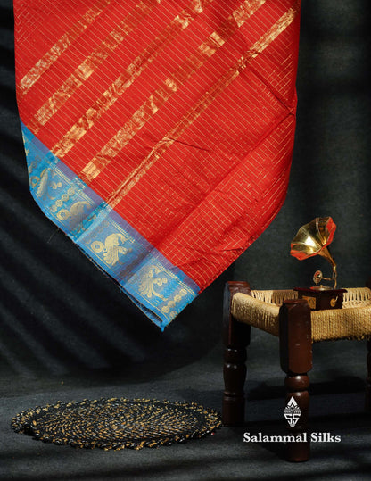 Beautiful Grey Traditional Checks Chettinad Pure Cotton Saree With Dark Brown Border