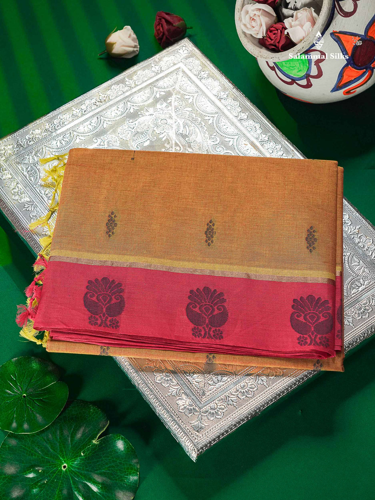 Pure Cotton Saree - Mustard Yellow Colour Body Thread Butta With Contrast Pink Border