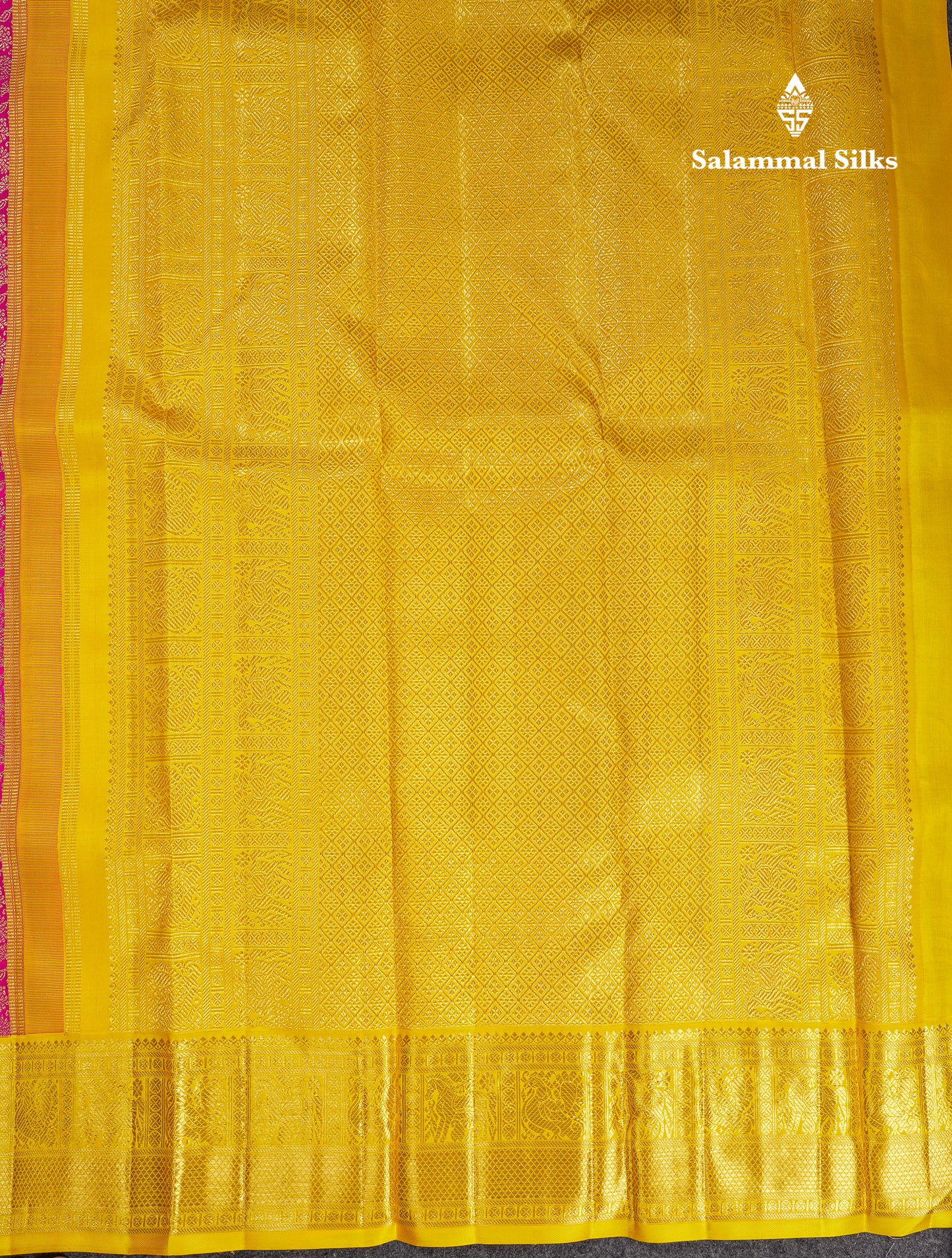 Beautiful Korvai Magenta Pink Bridal 2G Pure Kanjivaram Silk Saree With Contrast Yellow Traditional Border