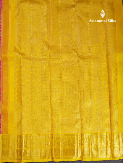 Beautiful Korvai Magenta Pink Bridal 2G Pure Kanjivaram Silk Saree With Contrast Yellow Traditional Border