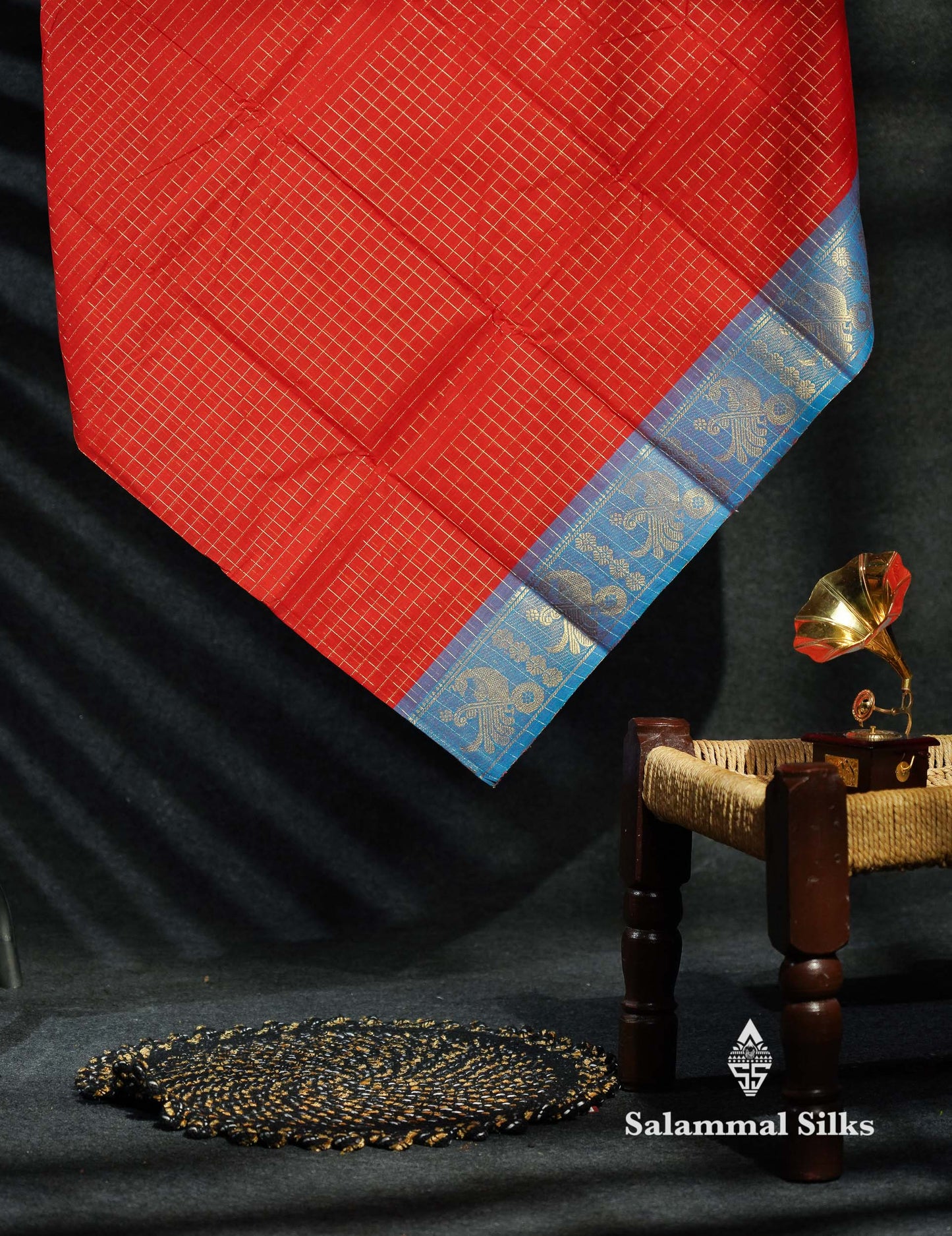 Beautiful Grey Traditional Checks Chettinad Pure Cotton Saree With Dark Brown Border