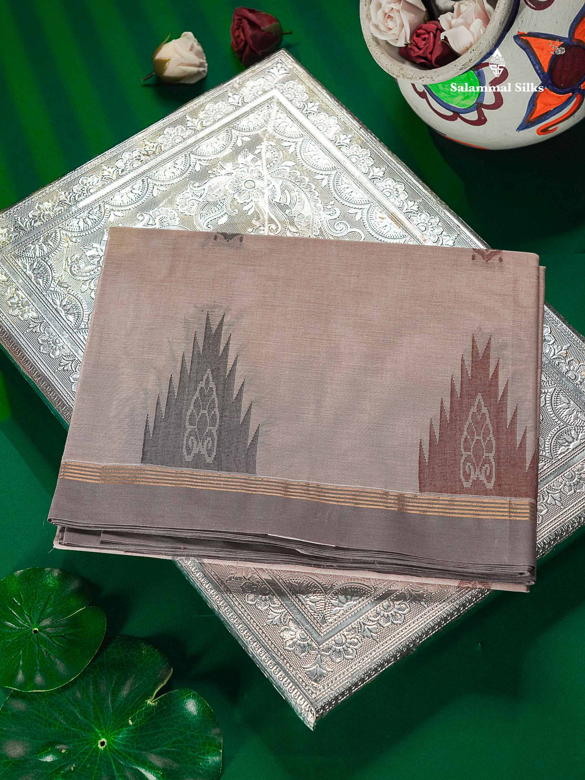 Pure Cotton Saree - Cream Yellow Colour Body Thread Work Butta With Temple Border