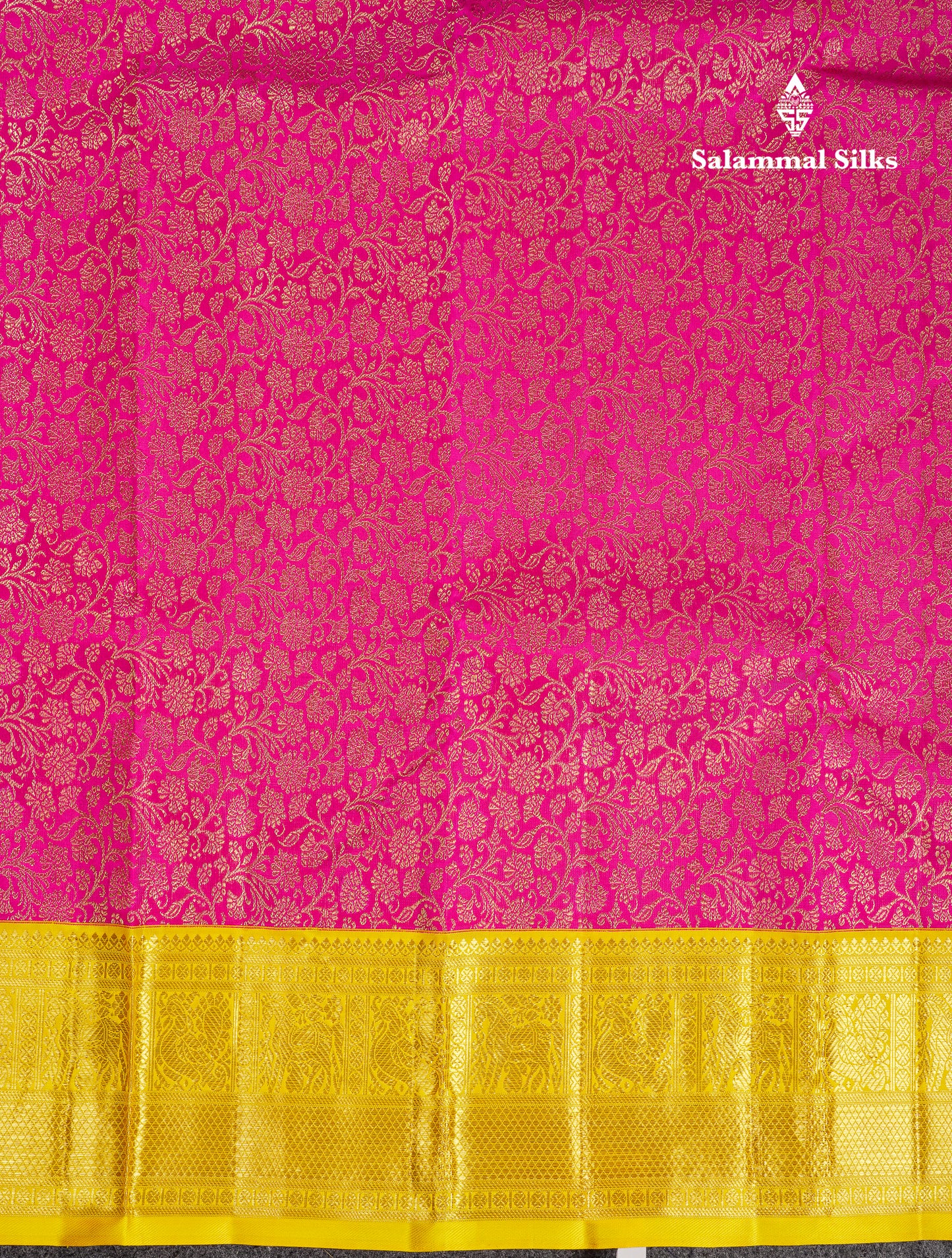 Beautiful Korvai Magenta Pink Bridal 2G Pure Kanjivaram Silk Saree With Contrast Yellow Traditional Border
