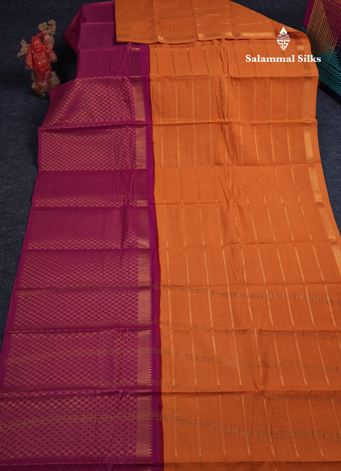 Beautiful Black Sungudi Cotton Saree With Contrast Peach Traditional Long Border