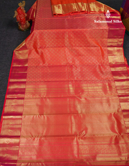 Beautiful Dual Tone Pinkish Orange Bridal Pure Kanjivaram Silk Saree With Contrast Traditional Border