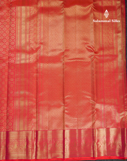 Beautiful Dual Tone Pinkish Orange Bridal Pure Kanjivaram Silk Saree With Contrast Traditional Border