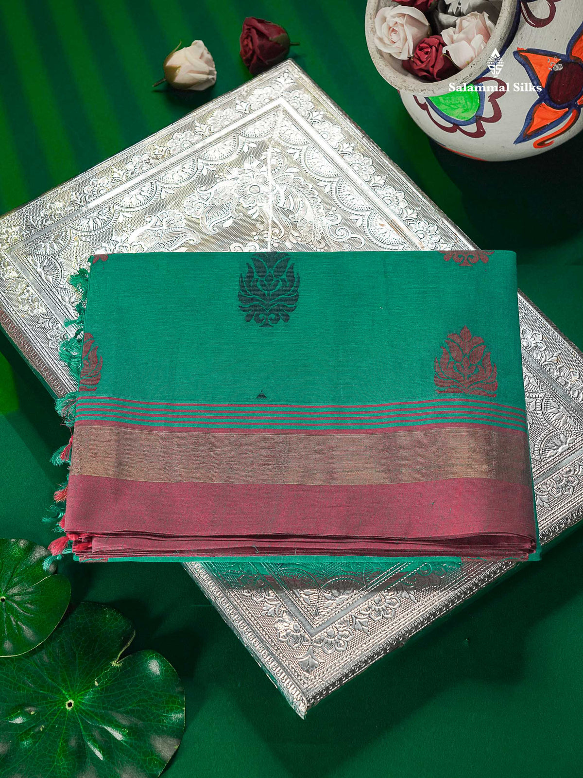 Pure Cotton Saree - Sea Green Colour Body Thread Butta With Contrast Pink Border