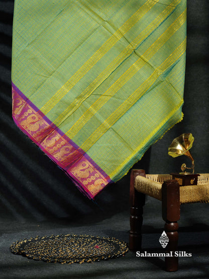 Beautiful Peacock Blue Traditional Checks Chettinad Pure Cotton Saree With Ramar Blue Border