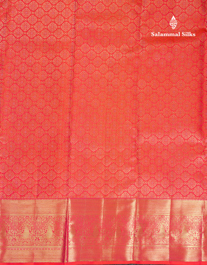 Beautiful Dual Tone Pinkish Orange Bridal Pure Kanjivaram Silk Saree With Contrast Traditional Border
