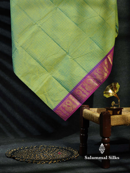Beautiful Peacock Blue Traditional Checks Chettinad Pure Cotton Saree With Ramar Blue Border