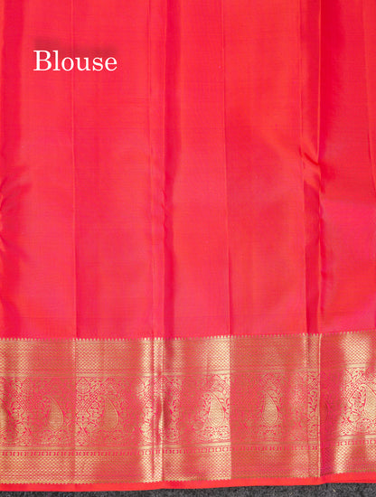 Beautiful Dual Tone Pinkish Orange Bridal Pure Kanjivaram Silk Saree With Contrast Traditional Border